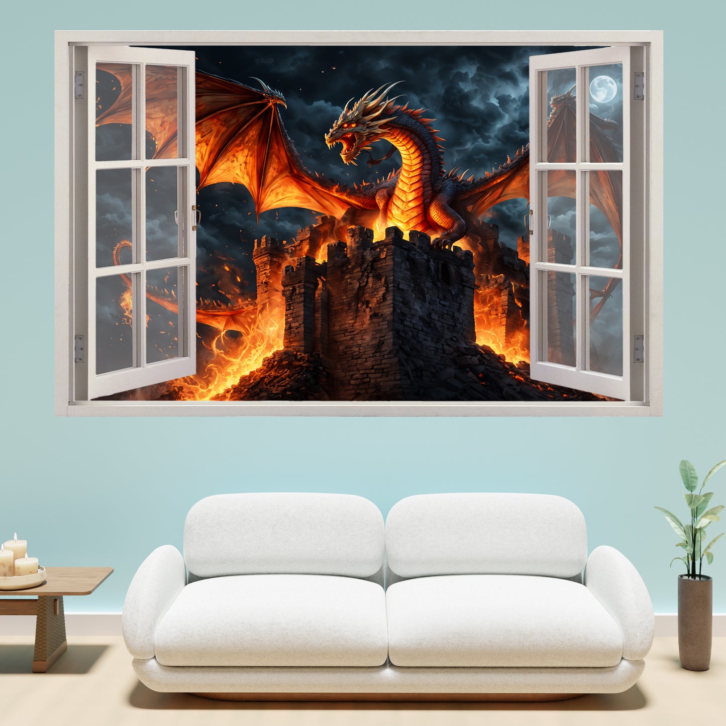 Dragon Burning Castle Decal Poster
