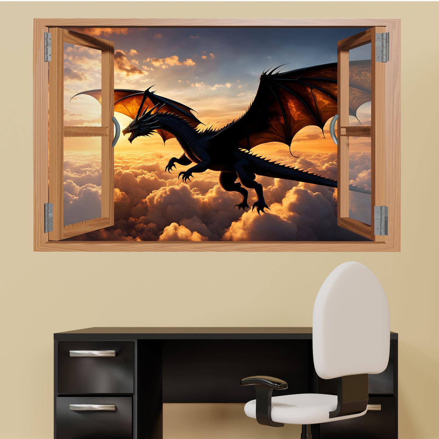 Flying Dragon on Red Sky Decal Poster