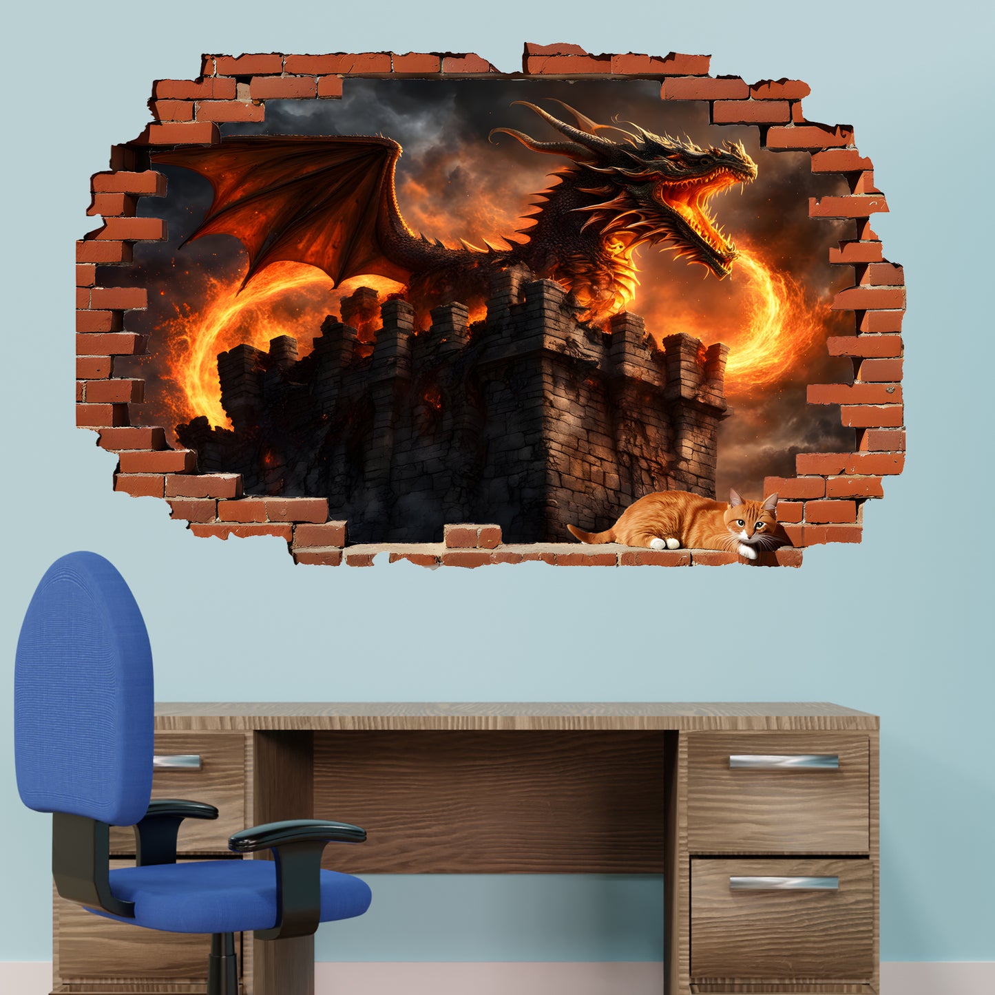 Fire Breathing Dragon Castle Decal Poster
