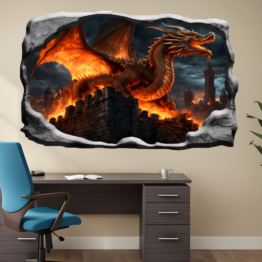 Fire Breathing Dragon Castle Decal Poster