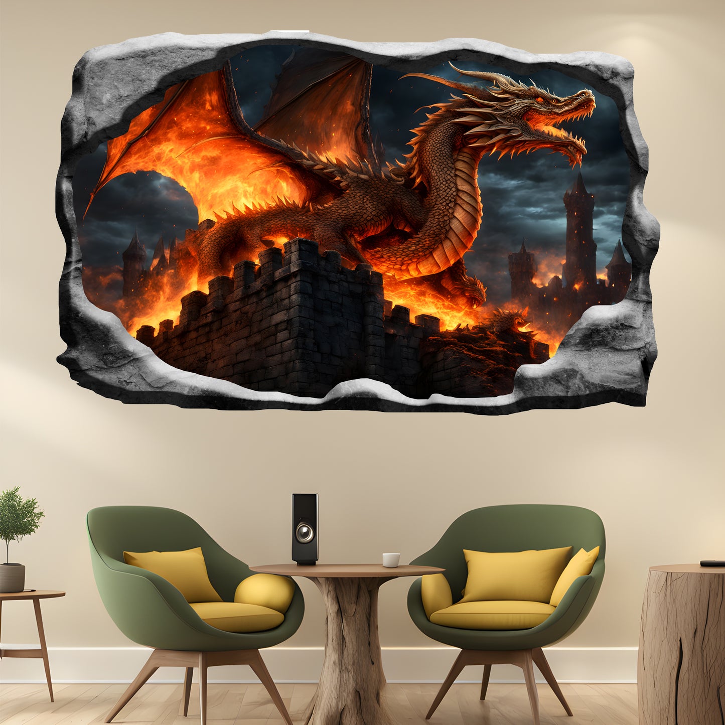 Fire Breathing Dragon Castle Decal Poster