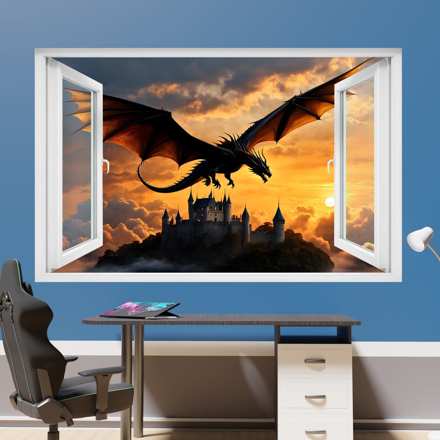 Flying Dragon Over Castle Decal Poster Self-adhesive Wall Sticker
