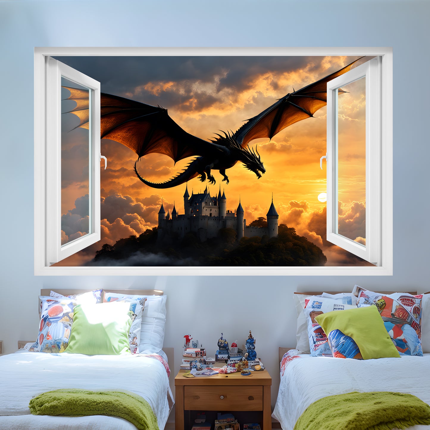 Flying Dragon Over Castle Decal Poster Self-adhesive Wall Sticker