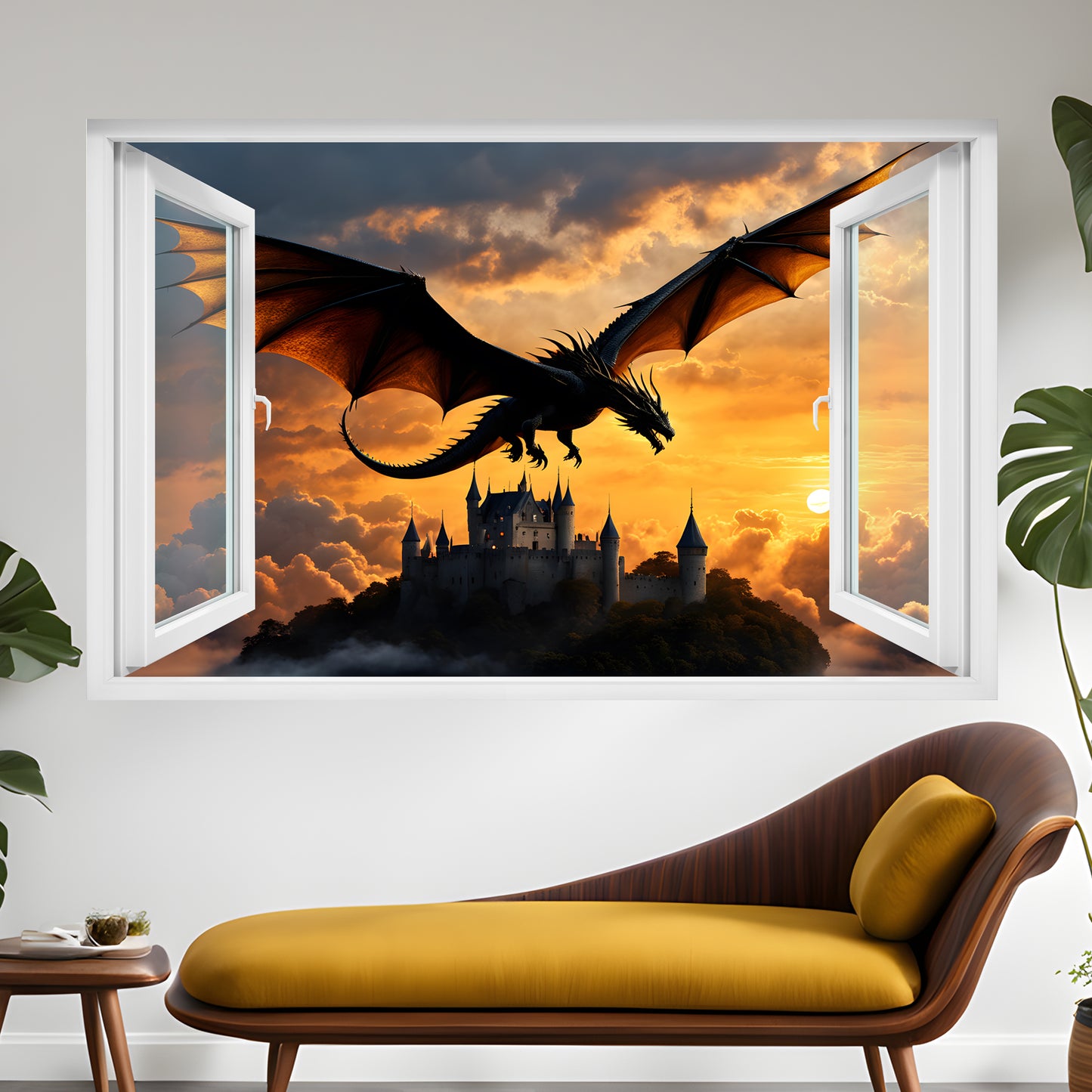 Flying Dragon Over Castle Decal Poster Self-adhesive Wall Sticker