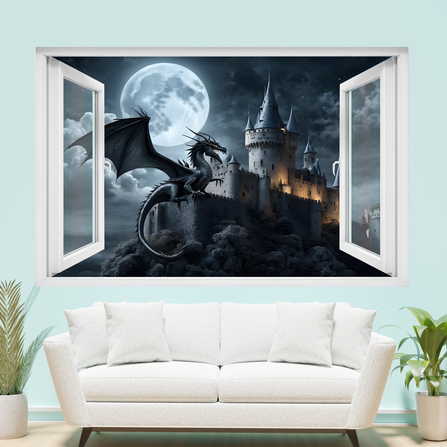 Medieval Castle and Dragon Decal Poster Self-adhesive Wall Sticker