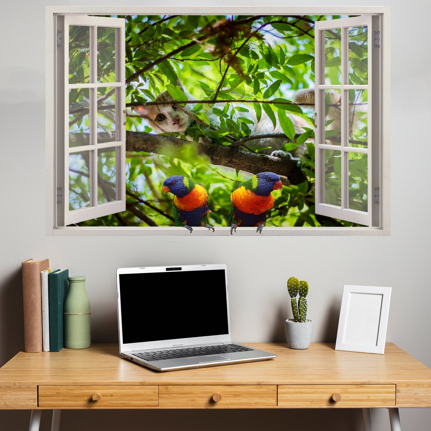 Cute Kitten and parrots wall sticker mural decal