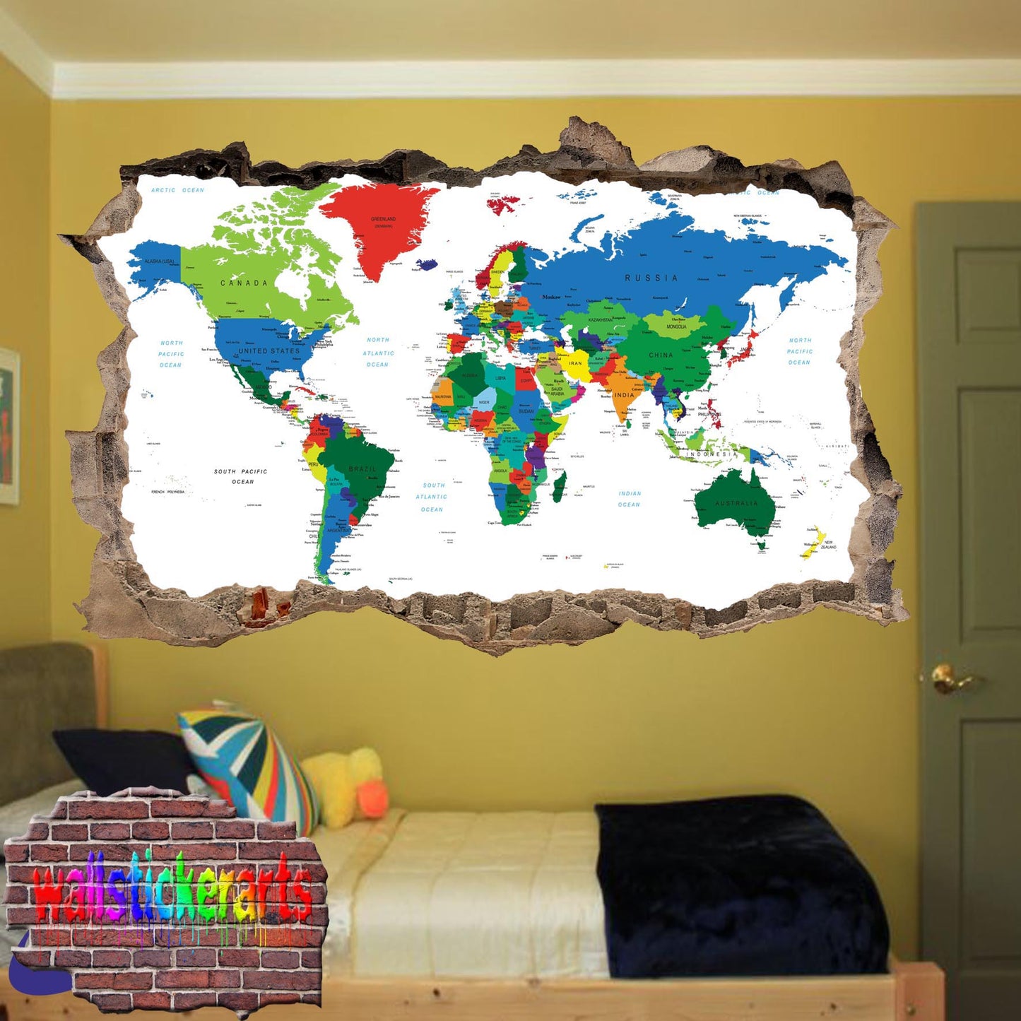 World Political Map Art 3d Effect Wall Sticker Room Office Nursery Shop Decor Decal Mural VK0
