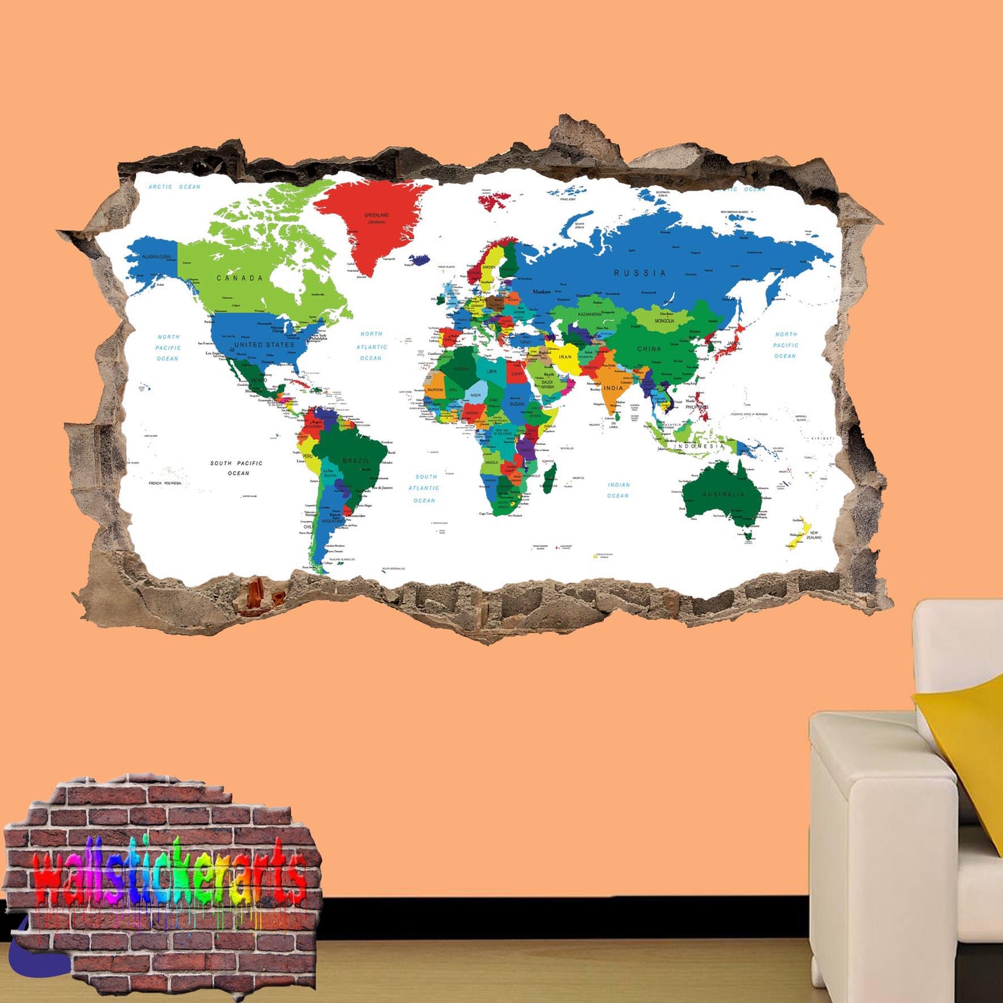 World Political Map Art 3d Effect Wall Sticker Room Office Nursery Shop Decor Decal Mural VK0