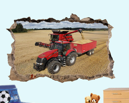 Agricultural Machinery Case Tractor And Combine Harvester Wall Stickers 3d Art Smashed Effect Home Room Office Shop Decor Decal Mural VQ2