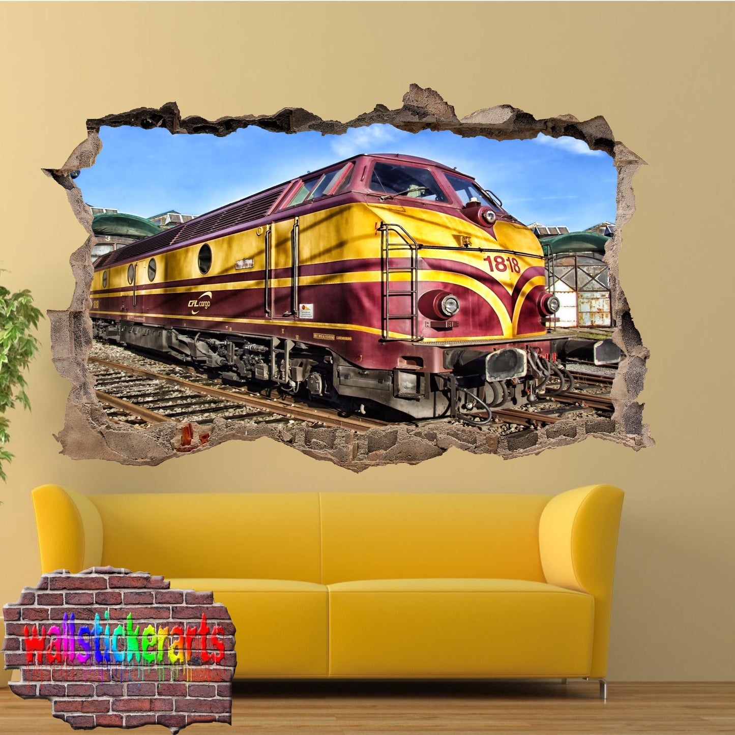 Locomotive Train Engine 3d Art Smashed Effect Wall Sticker Room Nursery Shop Decal Mural VV3
