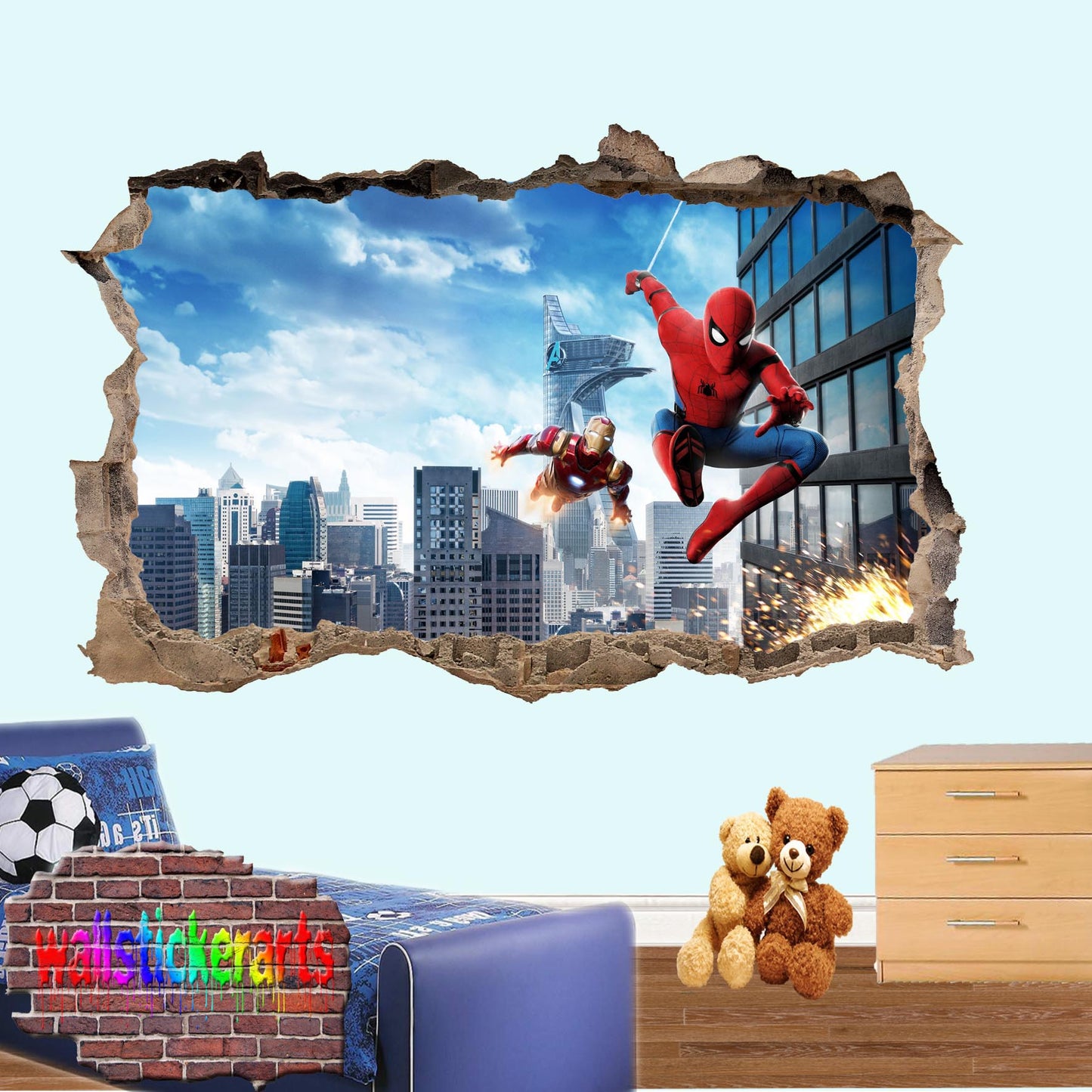 Spiderman Ironman City 3d Art Wall Sticker Room Office Nursery Decor Decal Mural VW6