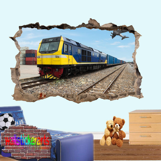 Train Railway Transport 3d Art Smashed Effect Wall Sticker Room Office Nursery Shop Decoration Decal Mural XT9