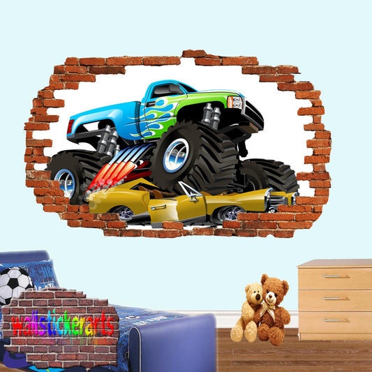 Monster Truck Crashing Cars 3d Art Wall Sticker Room Office Nursery Decor Decal Mural XU3