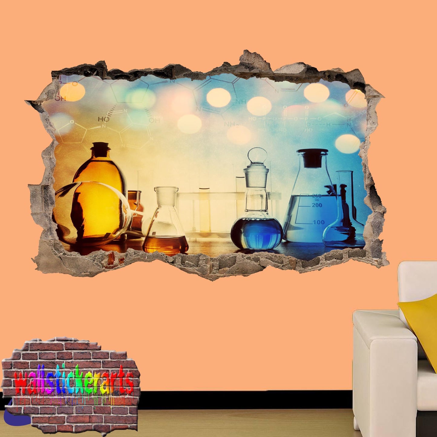 Chemistry Lab Chemicals 3d Art Smashed Effect Wall Sticker Room Office Nursery Shop Decoration Decal Mural XW2