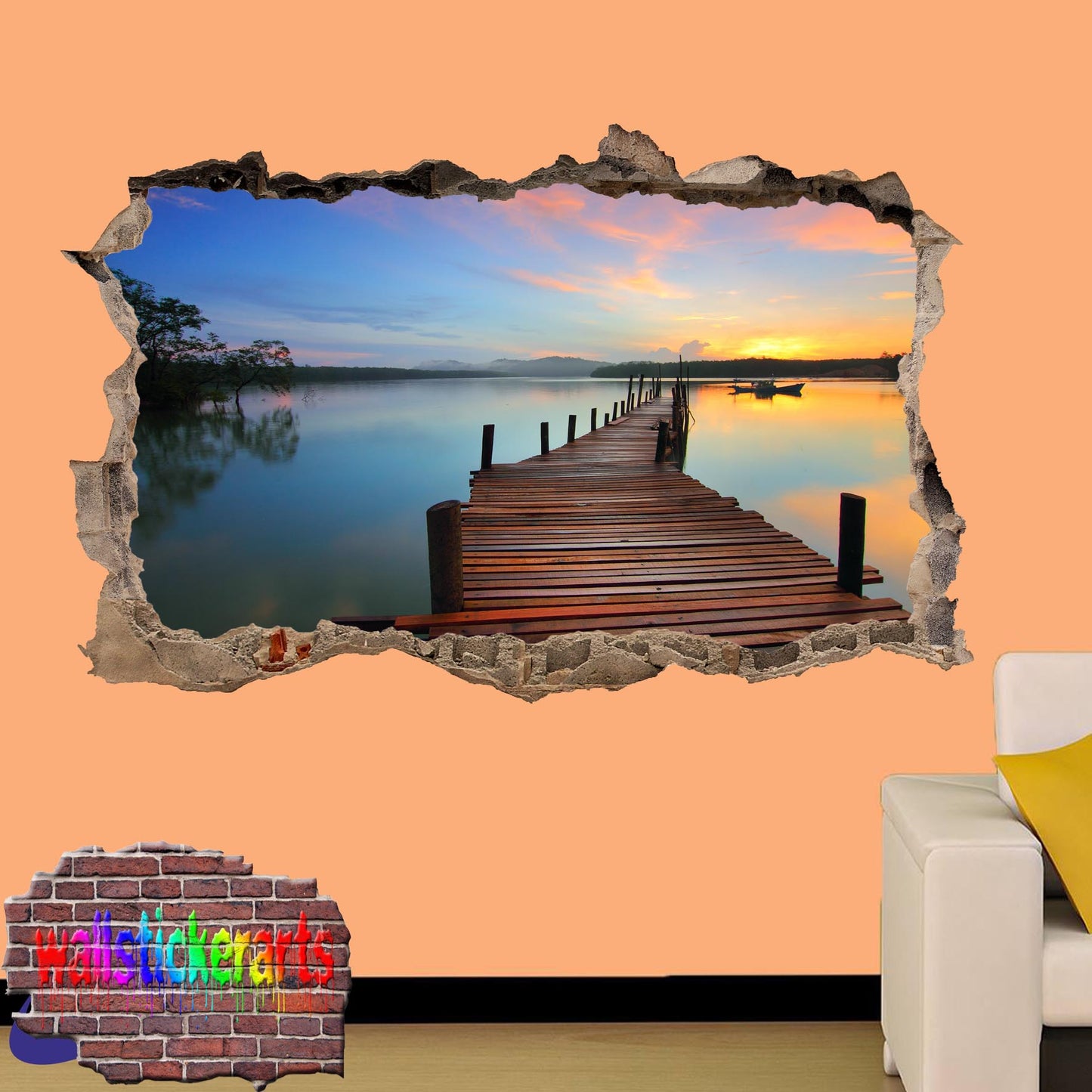 Calm Lake Broadwalk Sunset 3d Art Wall Sticker Mural Room Office Shop Decoration Decal YC8