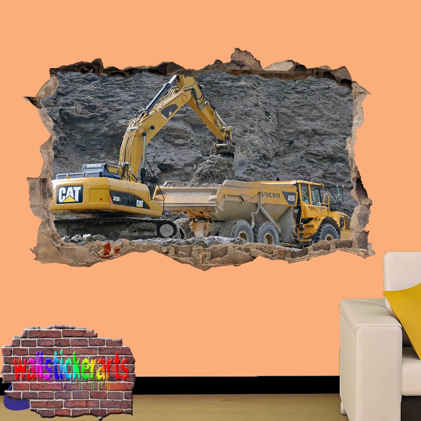 Cat Excavator Mine Truck 3d Art Smashed Effect Wall Sticker Room Office Nursery Shop Decoration Decal Mural YF2