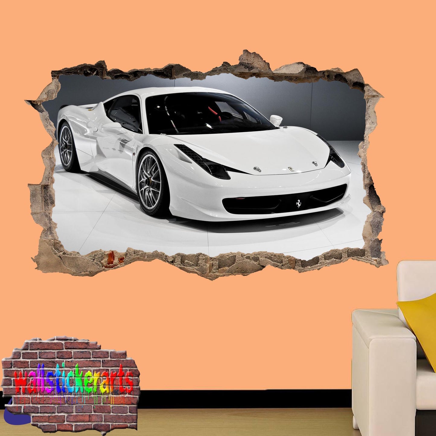 White Sport Car 3d Effect Wall Sticker Art Room Office Nursery Shop Decor Decal Mural YF5