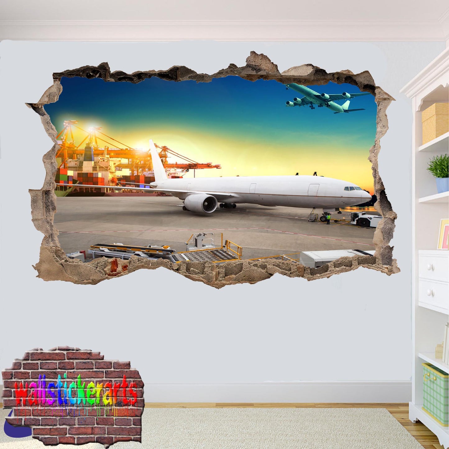 Airport Plane Dock 3d Art Smashed Effect Wall Sticker Room Office Nursery Shop Decoration Decal Mural YI3