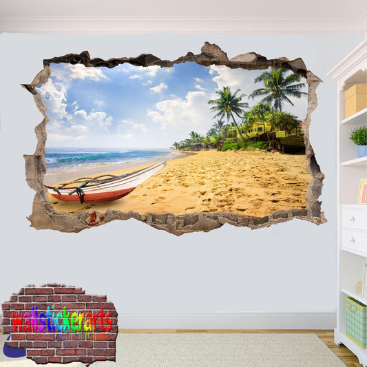 Tropical Beach Sun Sand Boat 3d Art Wall Sticker Mural Room Office Shop Decoration Decal YI8