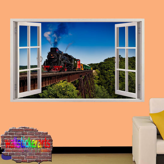 Steam Train Over Metal Bridge 3d Art Smashed Effect Wall Sticker Room Office Nursery Shop Decor Decal Mural YJ6