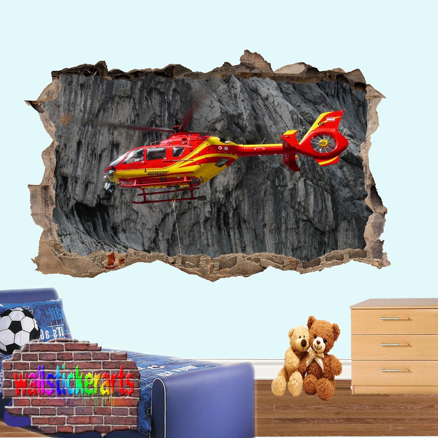Resque Helicopter 3d Art Smashed Effect Wall Sticker Room Office Nursery Shop Decor Decal Mural YK5