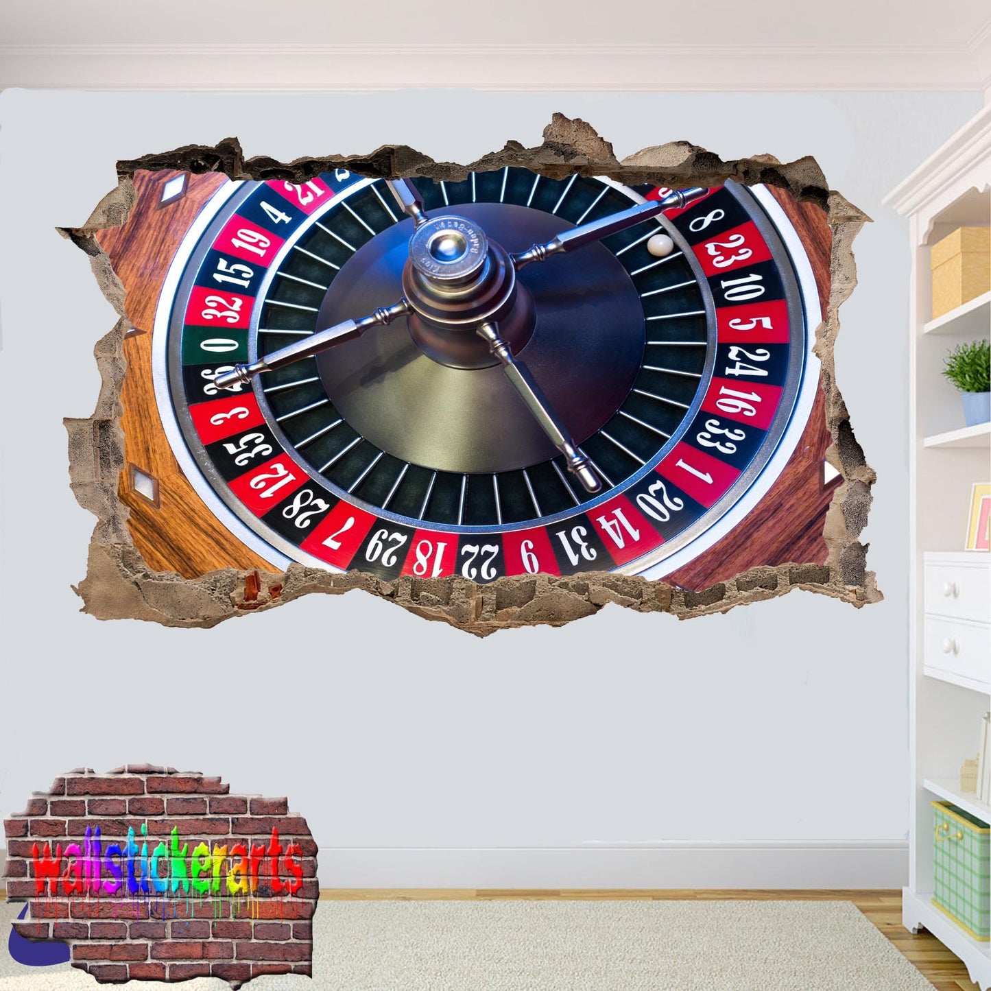 Casino Roulette Table 3d Art Smashed Effect Wall Sticker Room Office Nursery Shop Decoration Decal Mural YK6