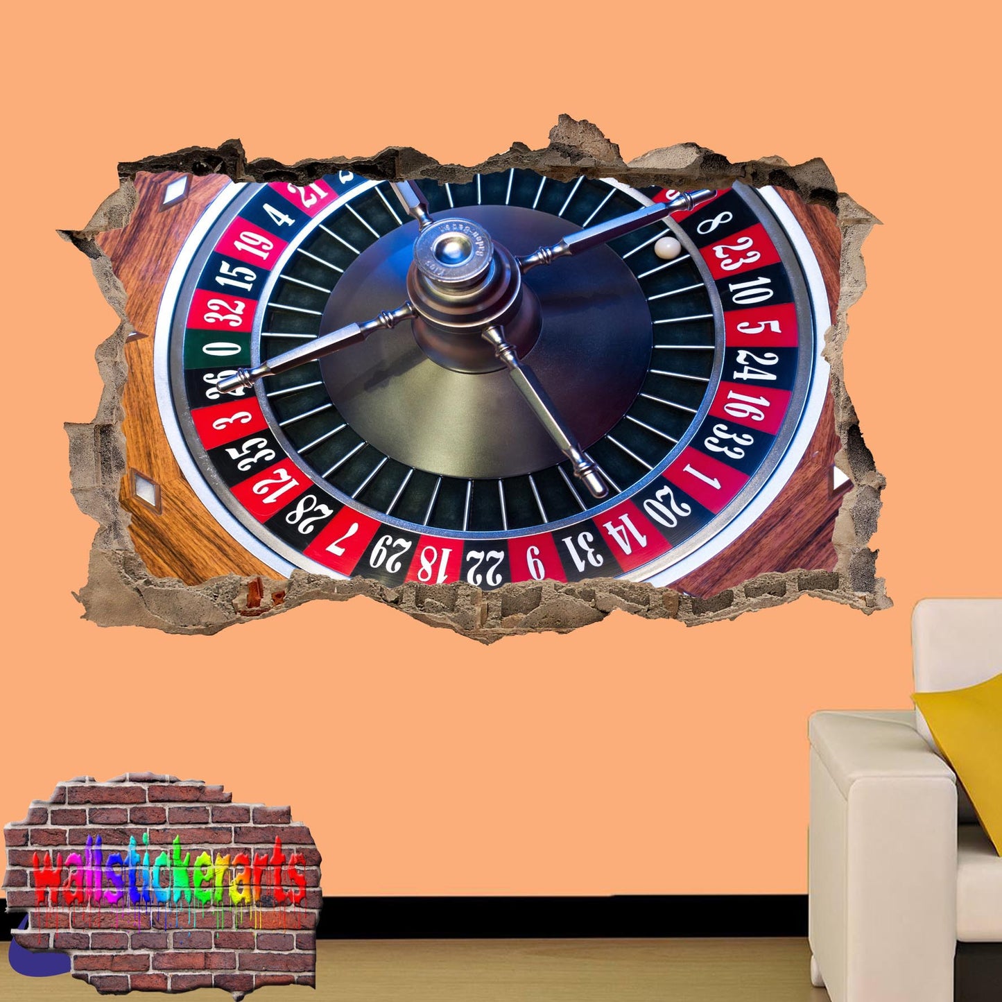 Casino Roulette Table 3d Art Smashed Effect Wall Sticker Room Office Nursery Shop Decoration Decal Mural YK6