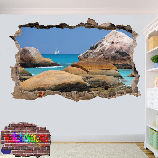Blue Sea Rocks Sail 3d Art Wall Sticker Mural Room Office Shop Decoration Decal Yk7
