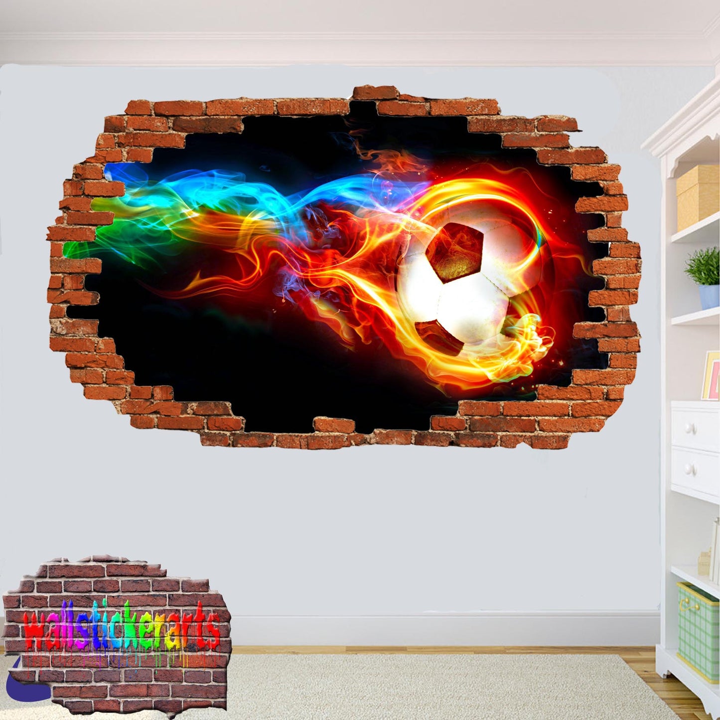 Football Flames Sports 3d Smashed Effect Wall Sticker Room Office Nursery Shop Decoration Decal Mural YN2