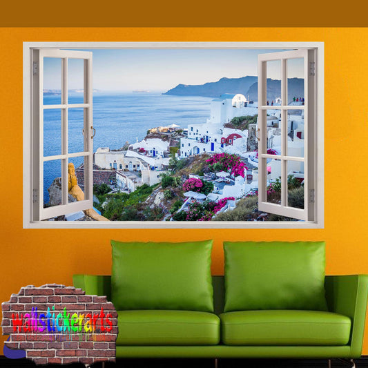 Oia Santorini Greece 3d Art Window Effect Wall Sticker Room Office Nursery Shop Decor Decal Mural YN7