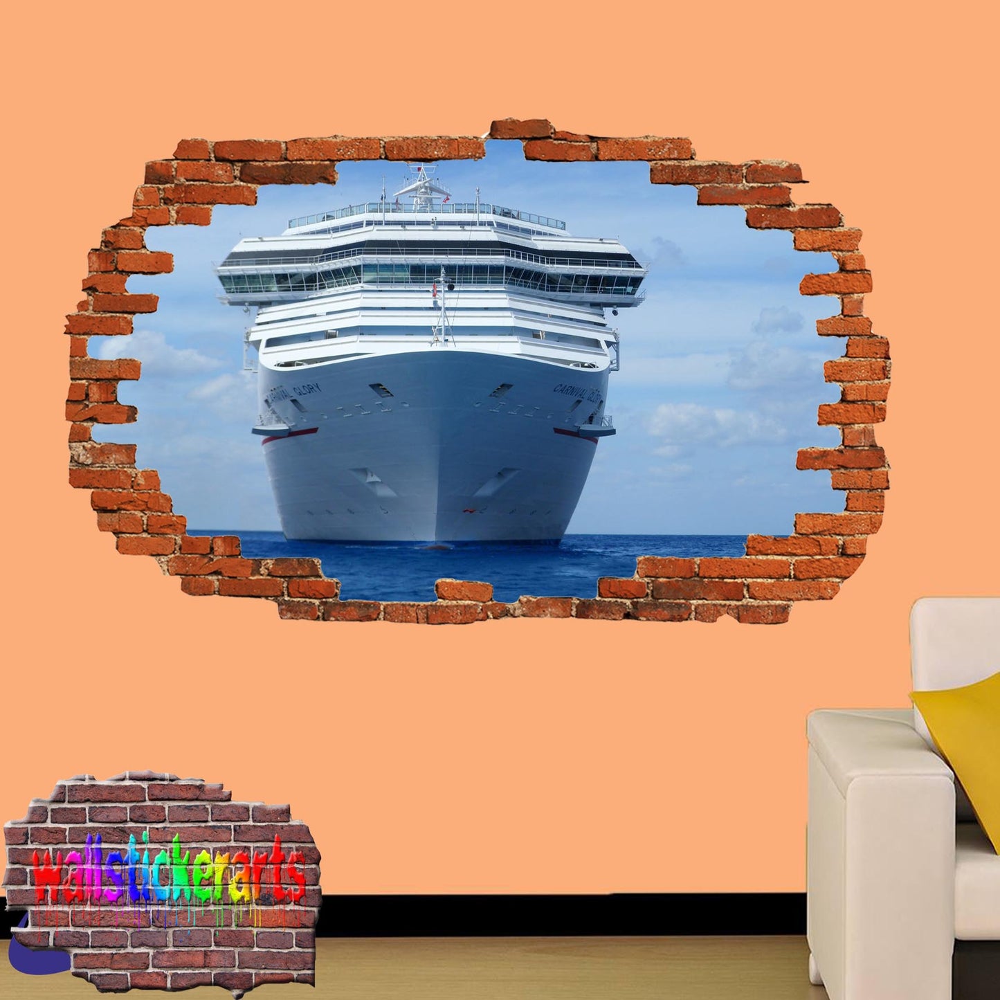 Cruise Ship on Sea 3d Art Smashed Effect Wall Sticker Room Office Nursery Shop Decor Decal Mural YO2