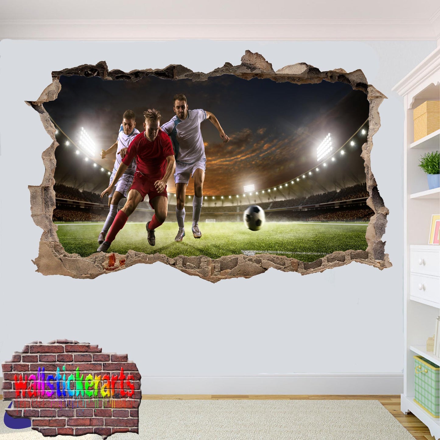 Football Players on Pitch Sports 3d Smashed Effect Wall Sticker Room Office Nursery Shop Decoration Decal Mural YO4