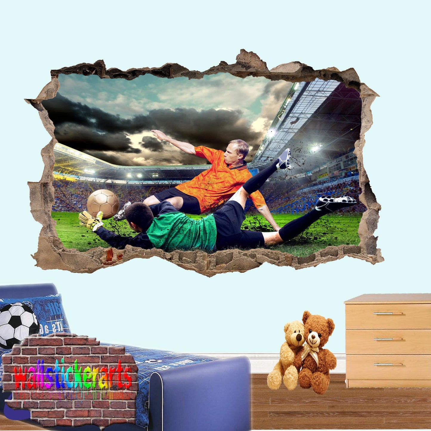 Football Players on Pitch Sports 3d Smashed Effect Wall Sticker Room Office Nursery Shop Decoration Decal Mural YO5