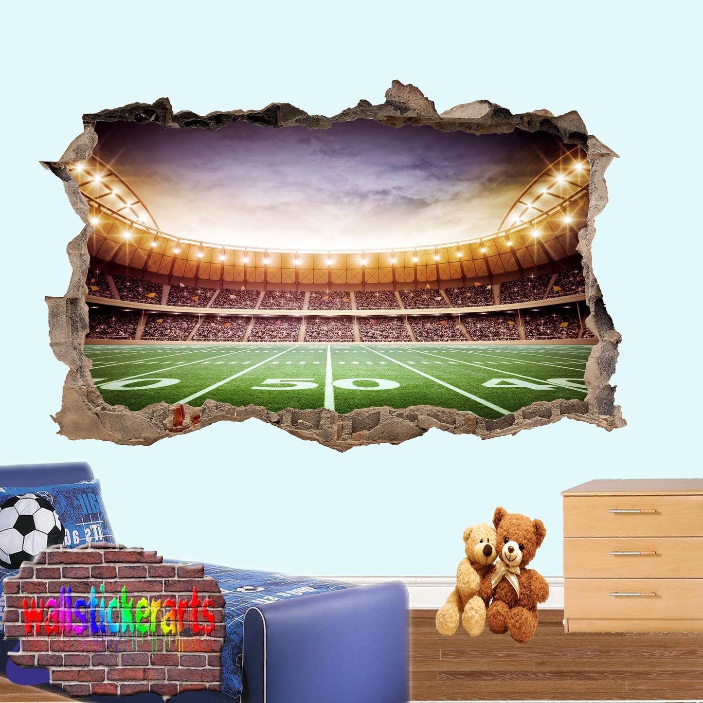 American Football Stadium Players On Pitch Sports 3d Smashed Effect Wall Sticker Room Office Nursery Shop Decoration Decal Mural YQ3