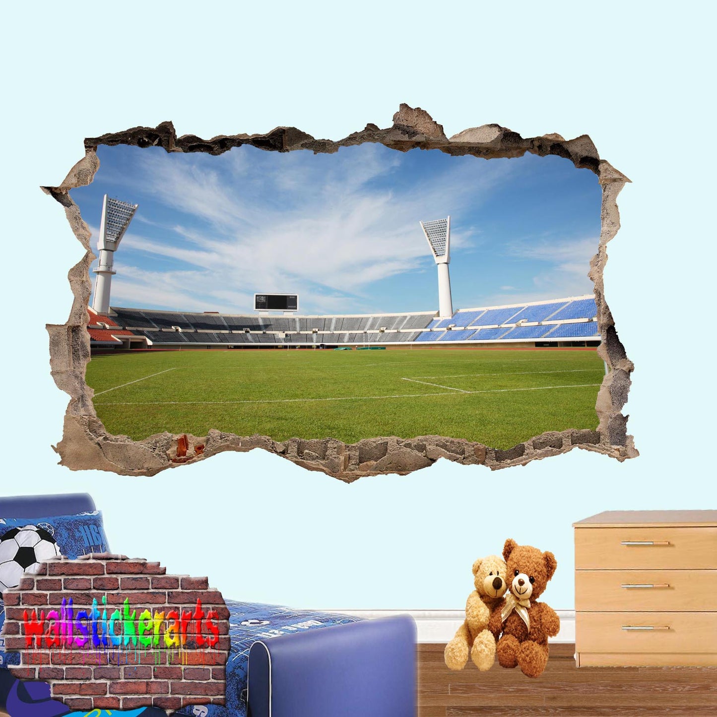 Rugby Stadium Sports 3d Smashed Effect Wall Sticker Room Office Nursery Shop Decor Decal Mural YR0