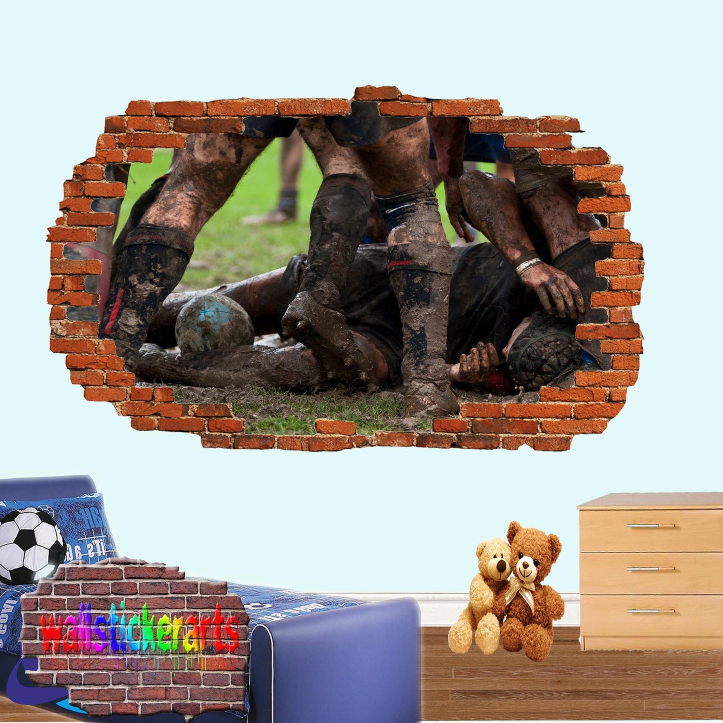 Rugby Players Sports 3d Smashed Effect Wall Sticker Room Office Nursery Shop Decor Decal Mural YR1