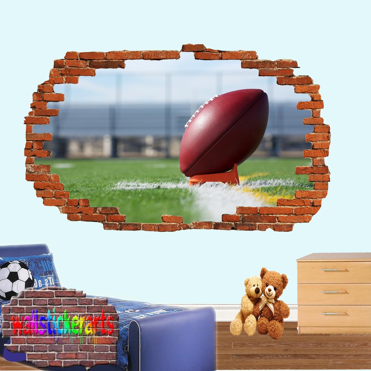 American Football Rugby Ball Kick Sports 3d Smashed Effect Wall Sticker Room Office Nursery Shop Decoration Decal Mural YR2