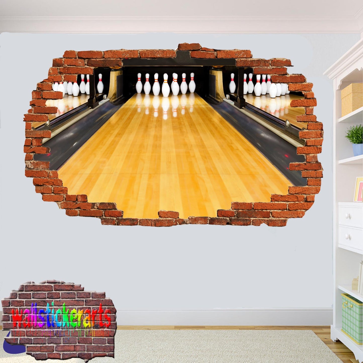 Bowling 12 Pin Sports 3d Smashed Effect Wall Sticker Room Office Nursery Shop Decoration Decal Mural YR3