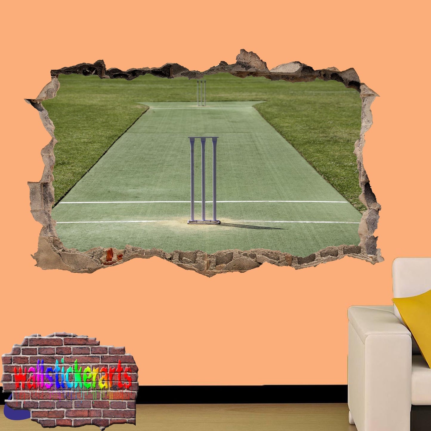 Cricket Ground Wickets Sports 3d Smashed Effect Wall Sticker Room Office Nursery Shop Decoration Decal Mural YR4