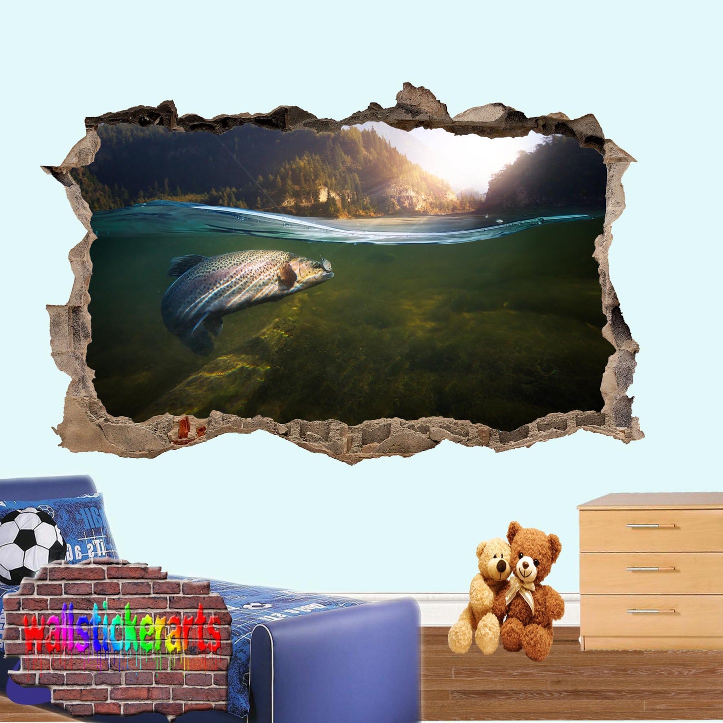 Trout Fishing Sports 3d Smashed Effect Wall Sticker Room Office Nursery Shop Decor Decal Mural YR5