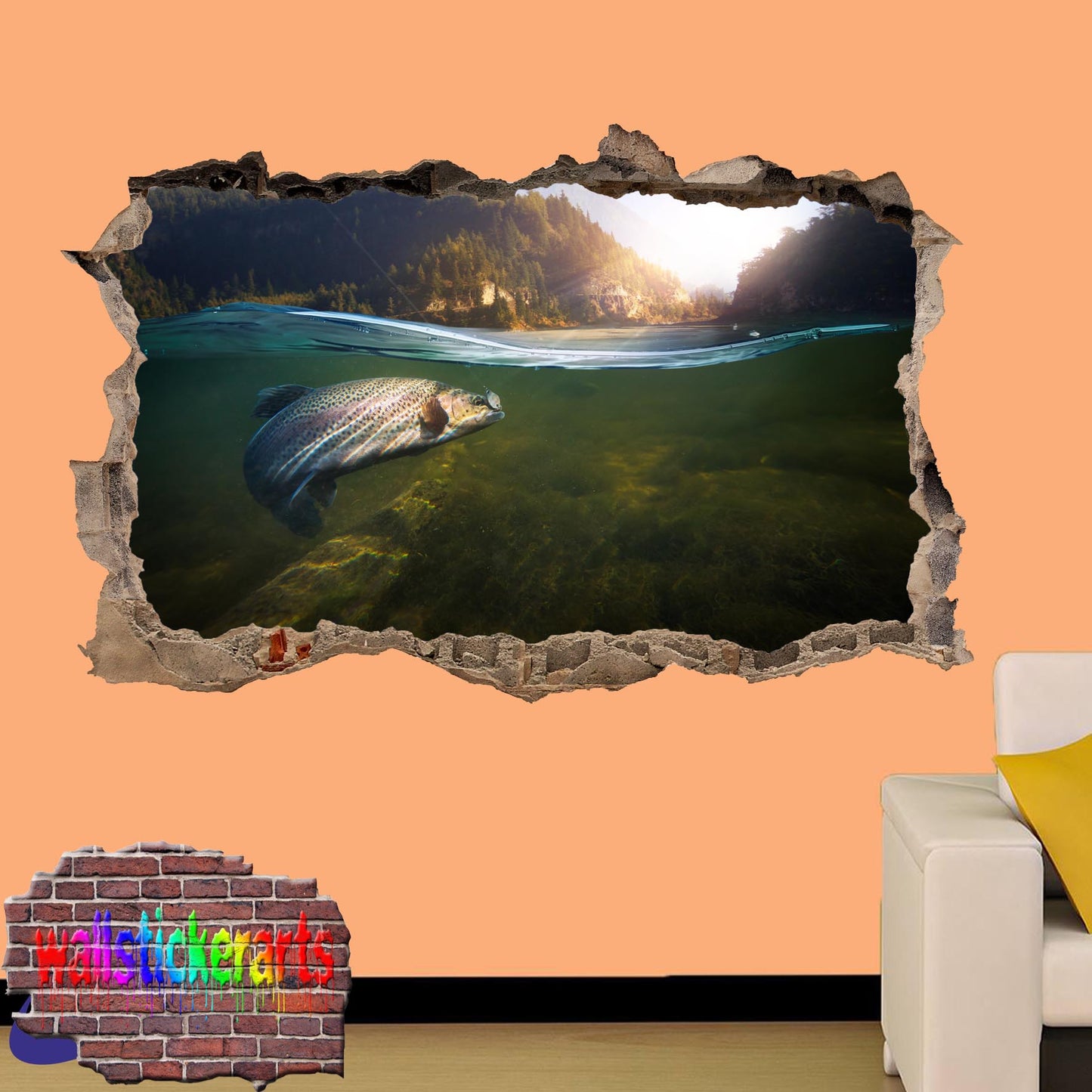 Trout Fishing Sports 3d Smashed Effect Wall Sticker Room Office Nursery Shop Decor Decal Mural YR5