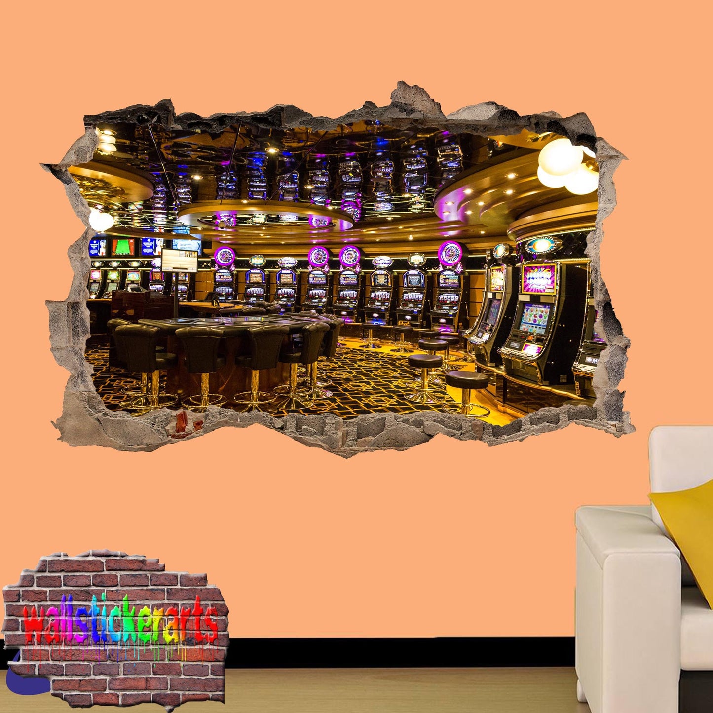 Las Vegas Luxury Casino 3d Art Smashed Effect Wall Sticker Room Office Nursery Shop Decoration Decal Mural YS4