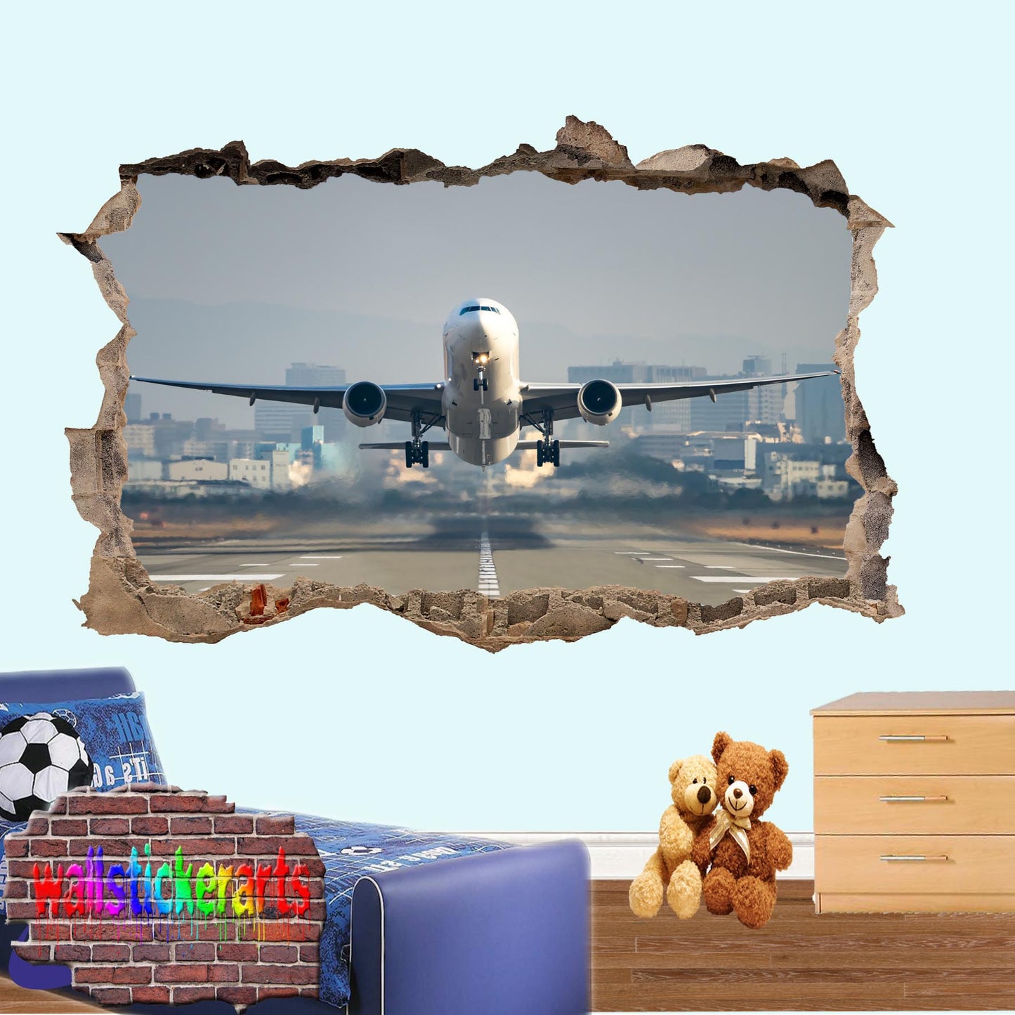 Boeing Passenger Airplane Runway Takeoff 3d Art Effect Wall Sticker Room Office Nursery Shop Decoration Decal Mural YS9