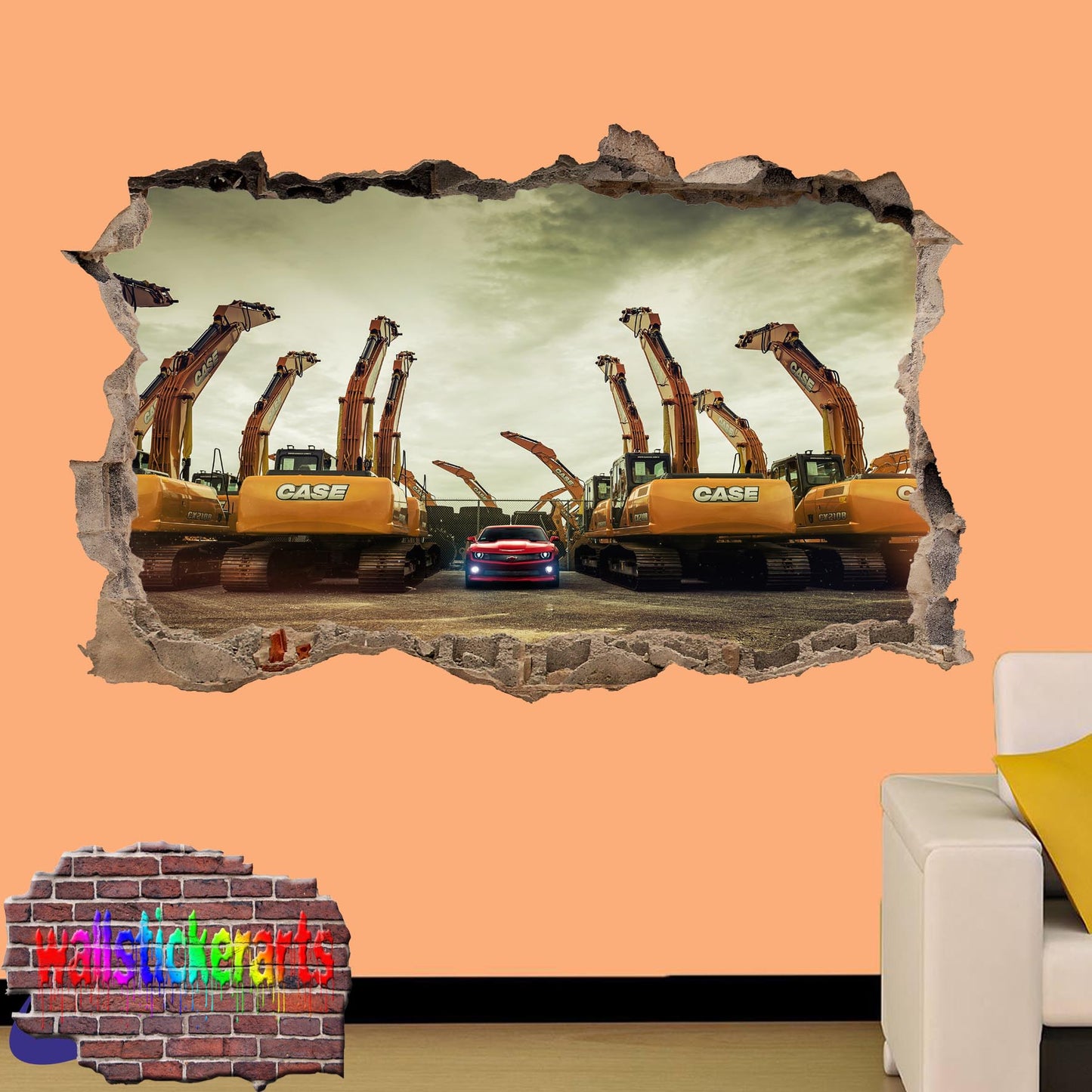 Case Excavators Vs Sport Car 3d Art Smashed Effect Wall Sticker Room Office Nursery Shop Decoration Decal Mural YU2