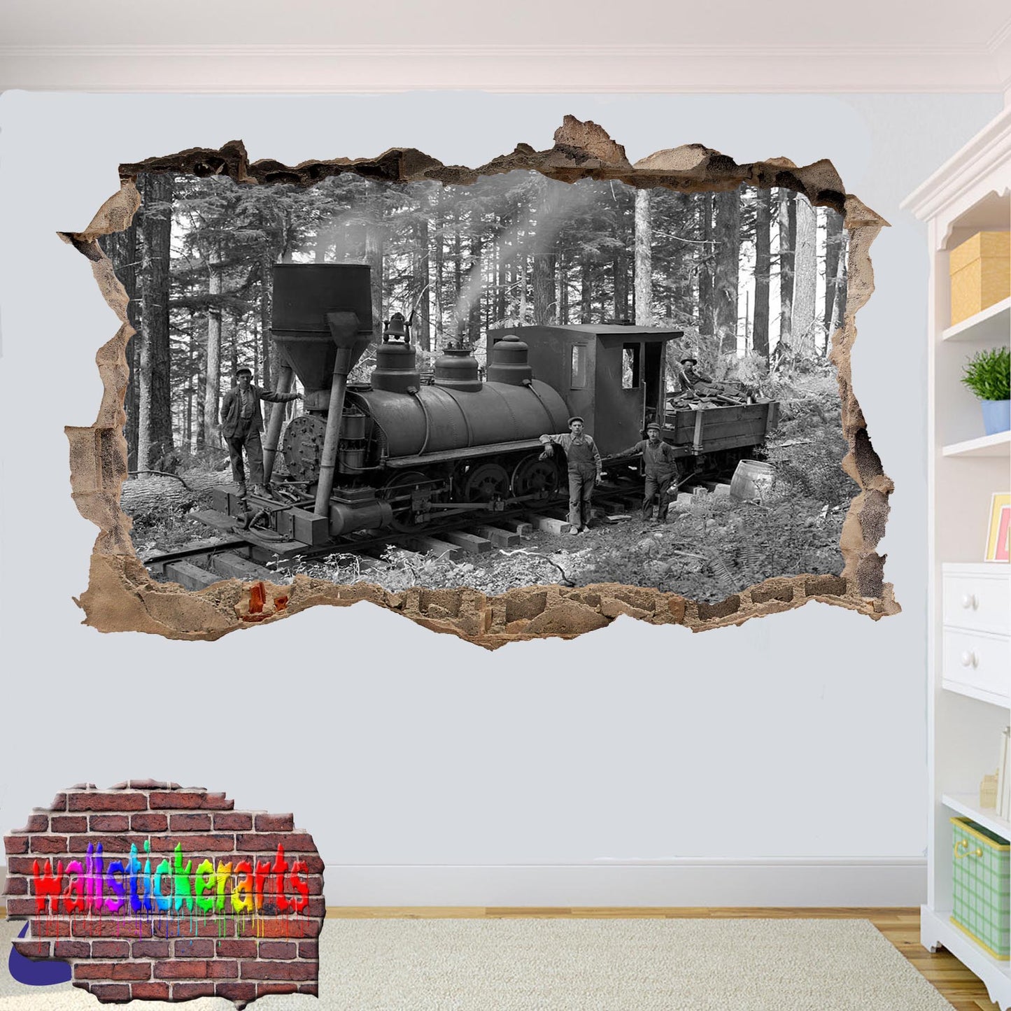 Vintage Steam Train Locomative Railway Workers 3d Art Smashed Effect Wall Sticker Room Office Nursery Shop Decor Decal Mural YW1