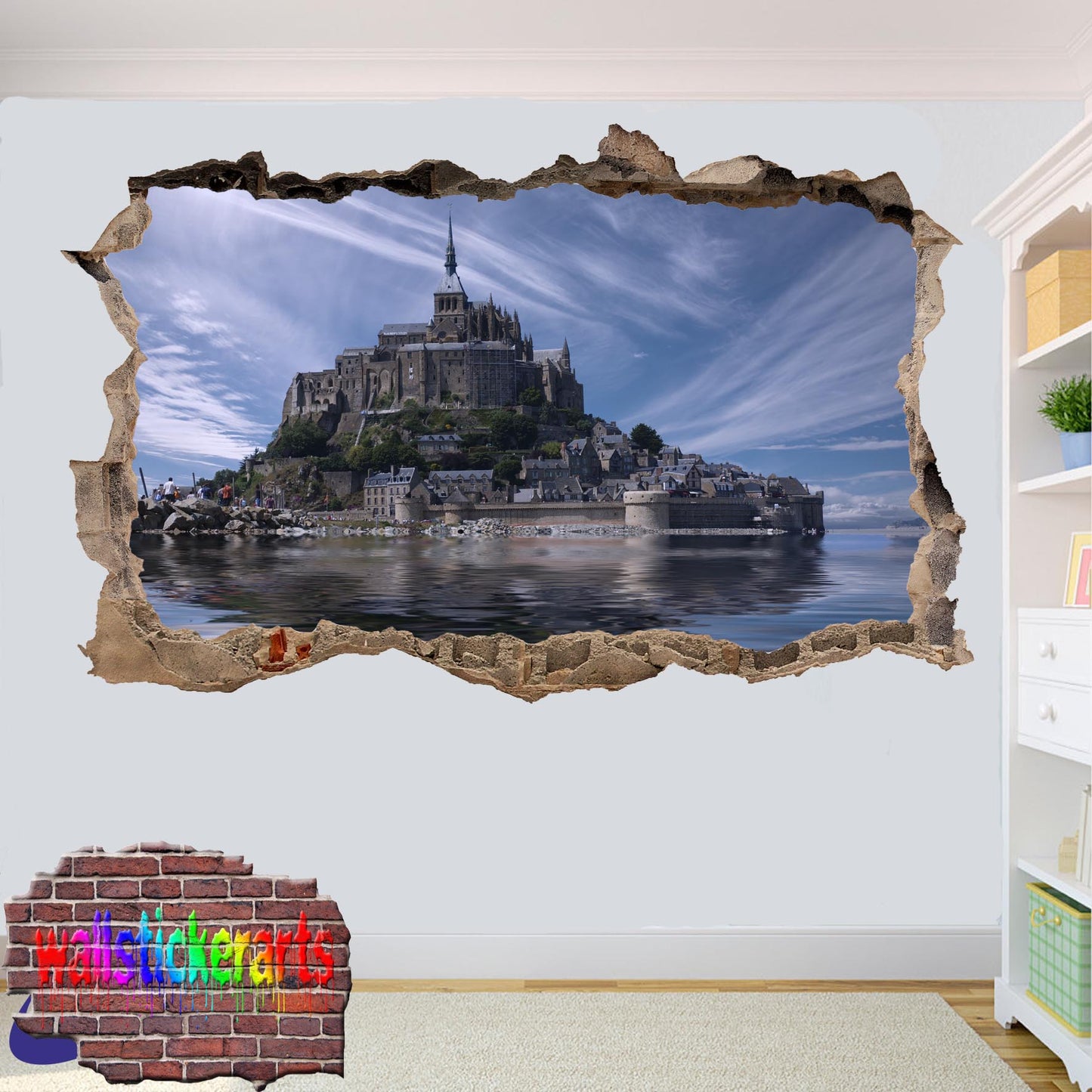 Mont Saint Michel France Normandy 3d Art Smashed Effect Wall Sticker Room Office Nursery Shop Decor Decal Mural YW8