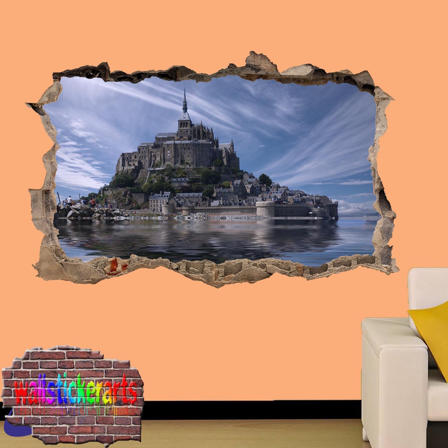 Mont Saint Michel France Normandy 3d Art Smashed Effect Wall Sticker Room Office Nursery Shop Decor Decal Mural YW8