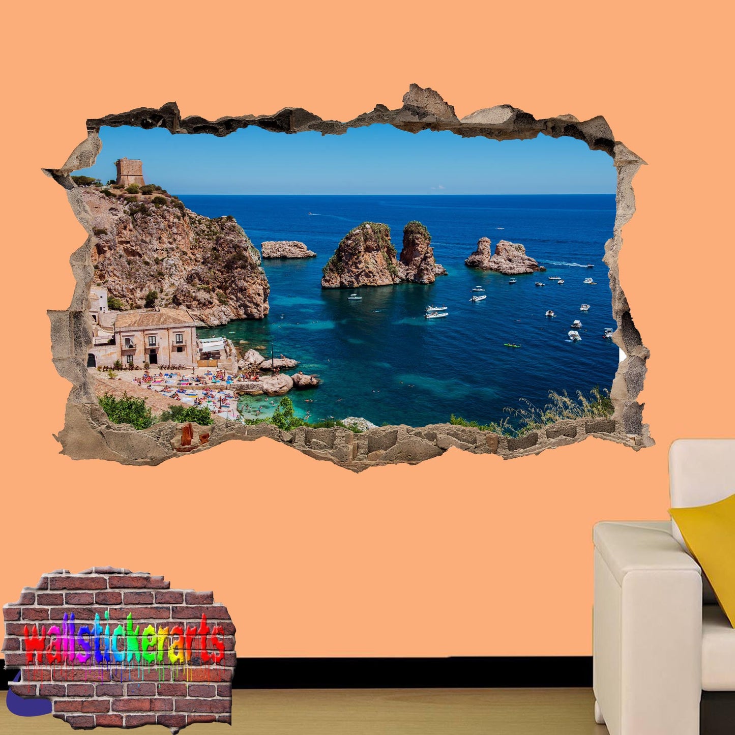 Sicily Sea Cliff Italy 3d Art Smashed Effect Wall Sticker Room Office Nursery Shop Decoration Decal Mural ZB9