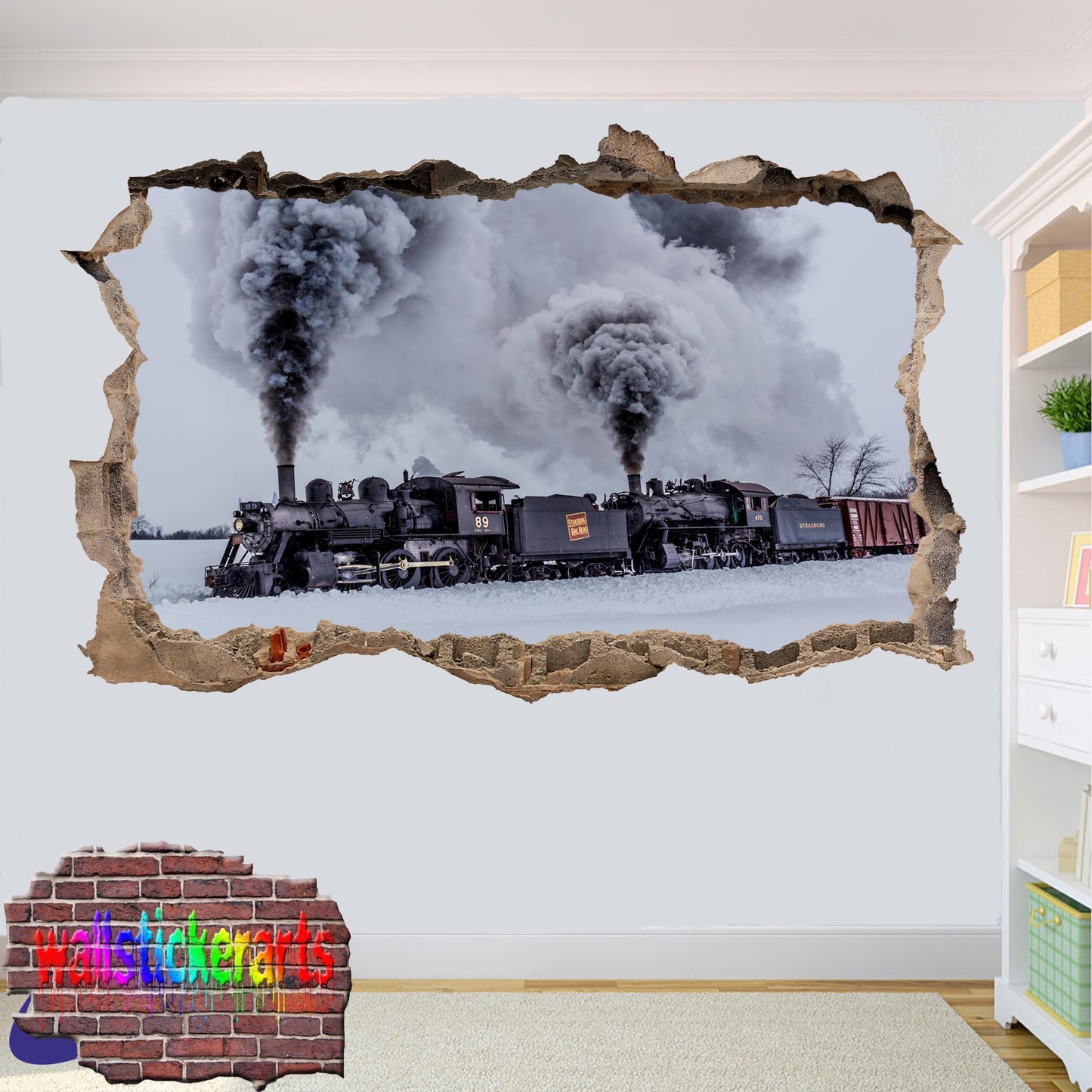 Western Steam Train Double Locomative 3d Art Effect Wall Sticker Room Office Nursery Shop Decor Decal Mural ZG0