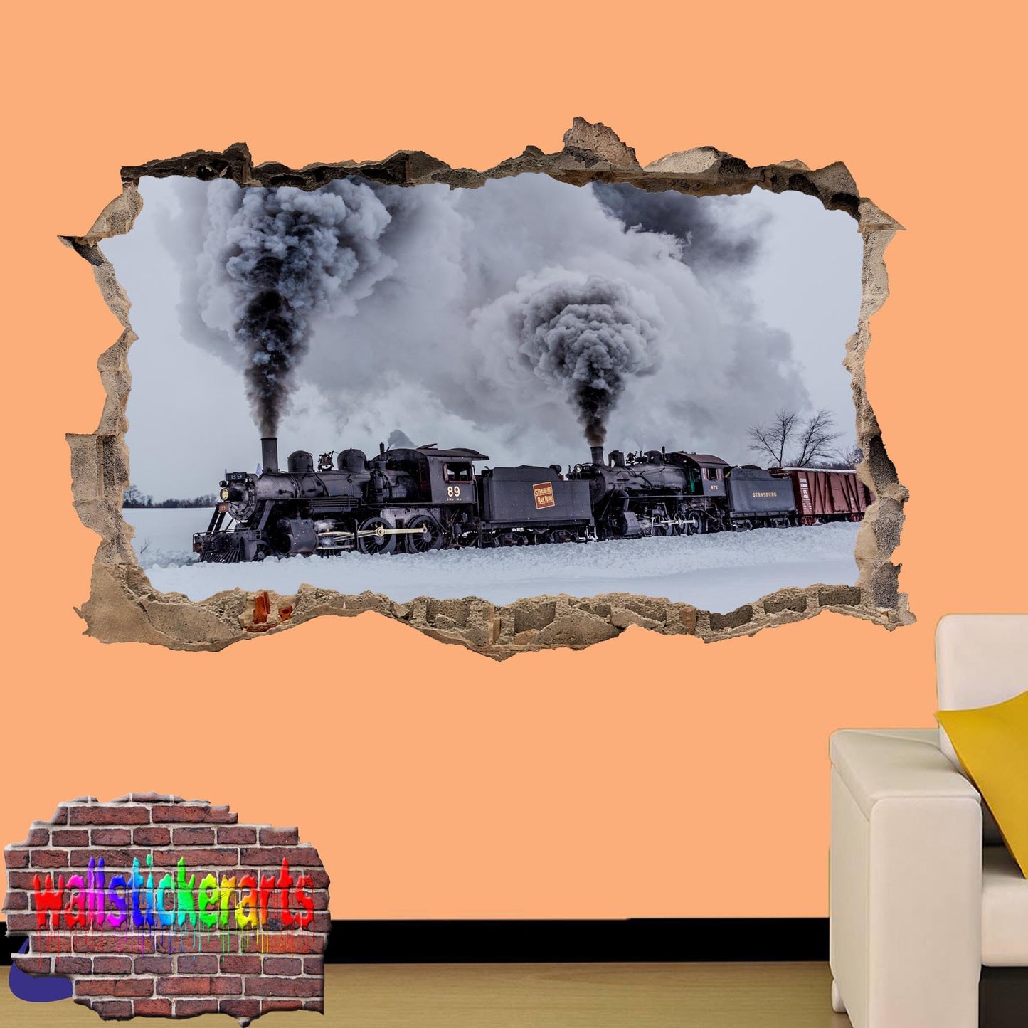 Western Steam Train Double Locomative 3d Art Effect Wall Sticker Room Office Nursery Shop Decor Decal Mural ZG0